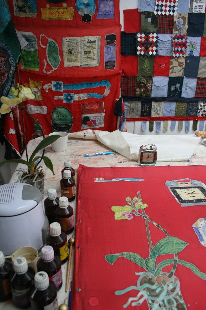 Studio shot, batik and silk painting work in progress, Blood, Sweat and Tears, the Menopause Quilt. 