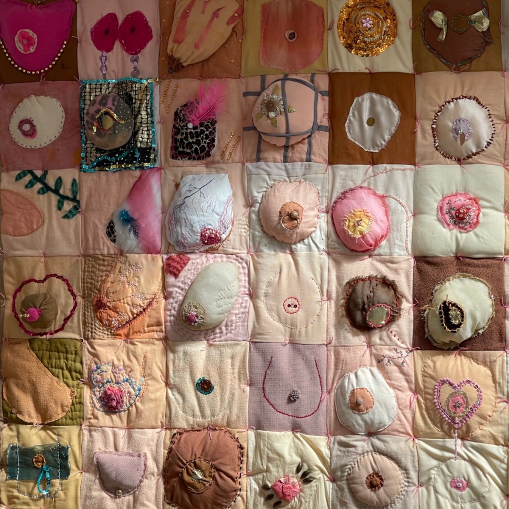 Comfort the Breast quilt. A collaborative quilt made up of over 100 embroidered breasts, all shapes and colours.