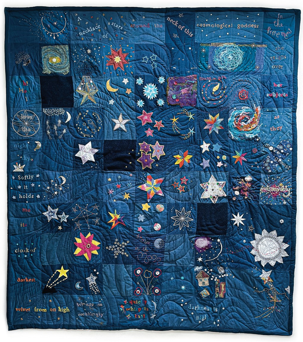100 hand embroidered and appliqué stars in various colours, set against a navy blue background