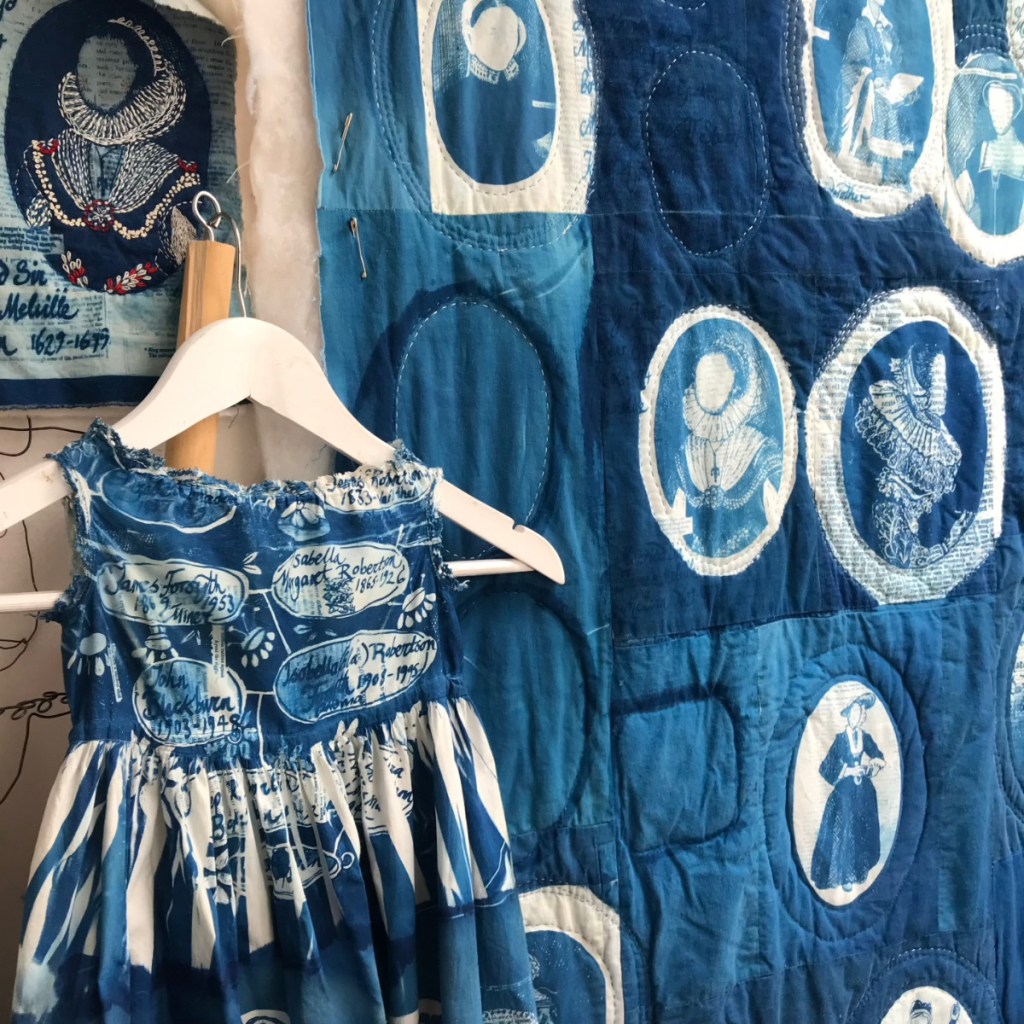 Child's Christening Gown, Family tree quilt WIP. Cyanotype on fabric
