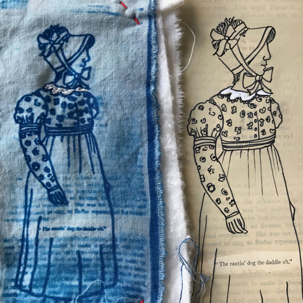 Vintage textiles printed with one of artist Lois Blackburn's drawings. Part of her family tree project. Created with cyanotype.