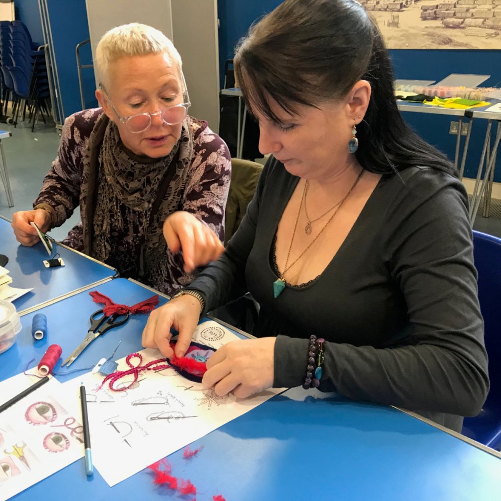 Creating amulets and talisman from reused fabric and felt, using Embroidery and appliqué. OLdham workshop, To the Sun, Moon and Stars project