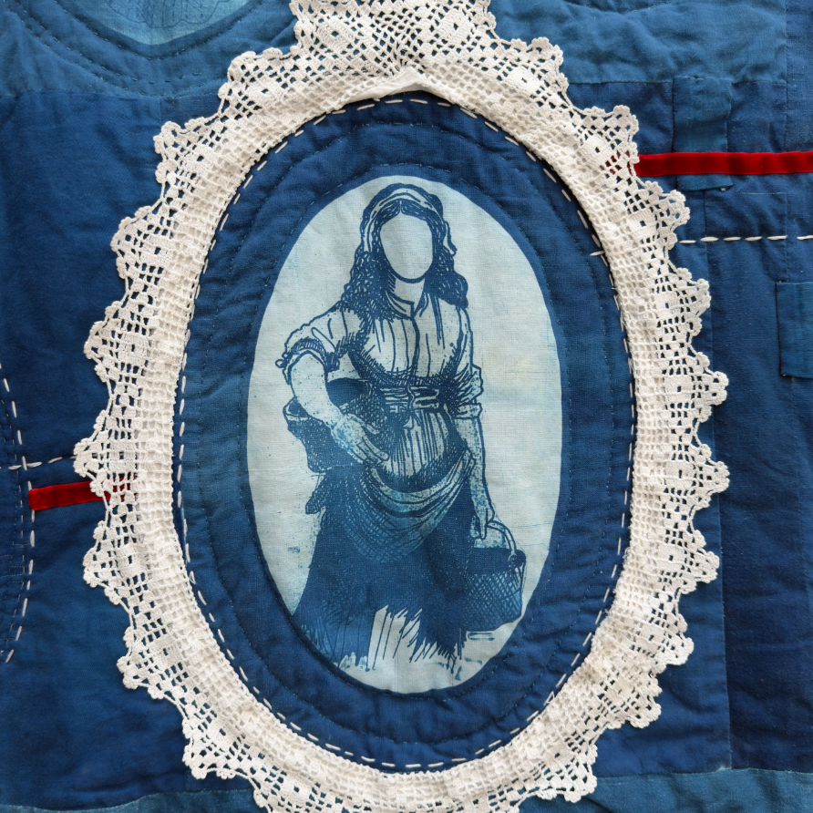 Embroidered cyanotype on fabric with vintage trimmings. Featuring a drawing of one of textile artist Lois Blackburn's female ancestors