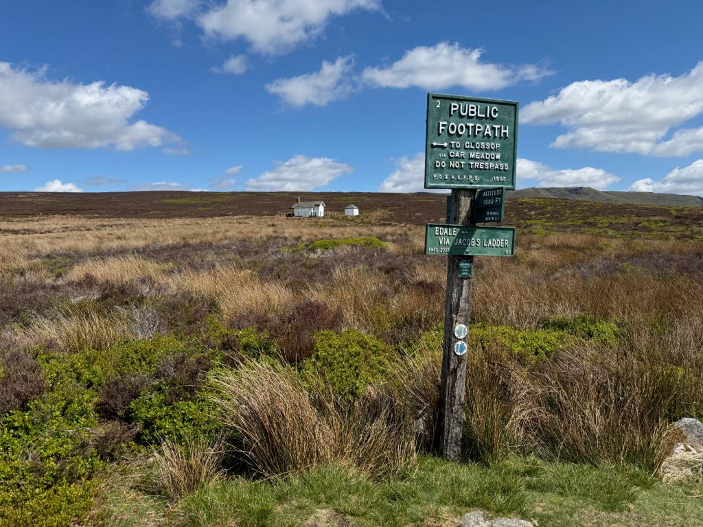 Public Footpath sign, near the white Shooting Lodge, Middle Moor, Hayfield. It directs to Glossop, and Dale via Jacobs Ladder.